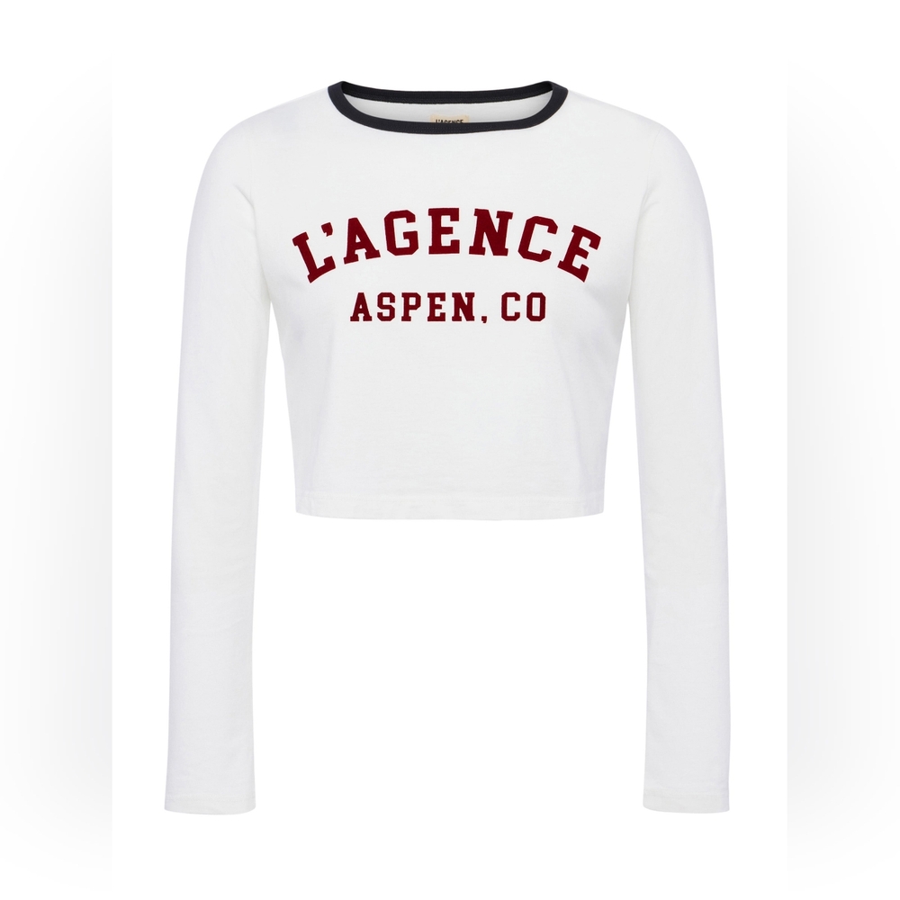 L'AGENCE Rome Long Sleeve Logo White, Red and Black Tee XS buttery soft